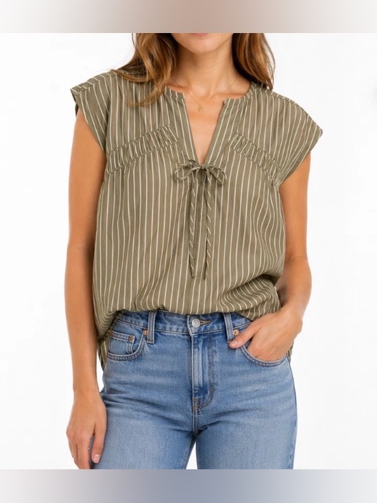 Lucky Brand Tops - Lucky Brand Olive Striped Tie-Front Cap Sleeve Blouse